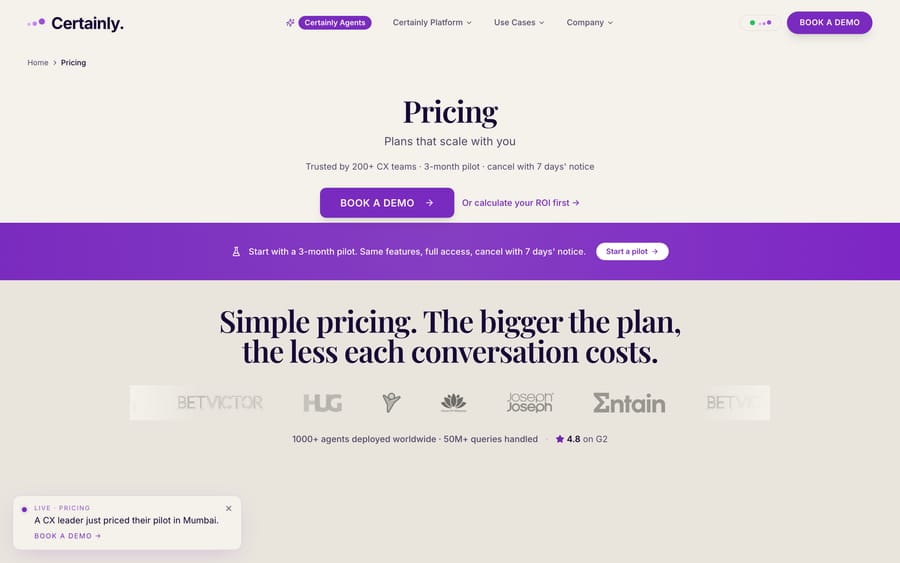 Certainly's pricing page: "the bigger the plan, the less each conversation costs," with logos for BetVictor and Entain.