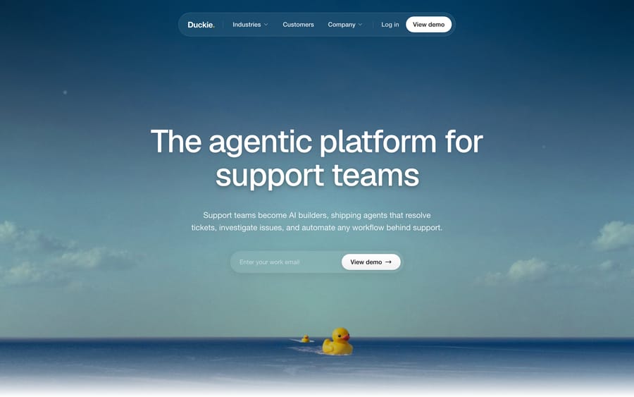 Duckie's homepage, pitching itself as "the agentic platform for support teams."