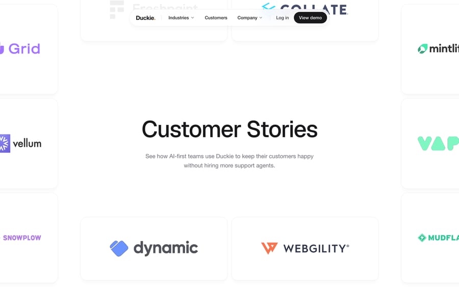 Duckie's customer stories page, listing named logos including Grid, Vellum, Snowplow, and Mintlify.