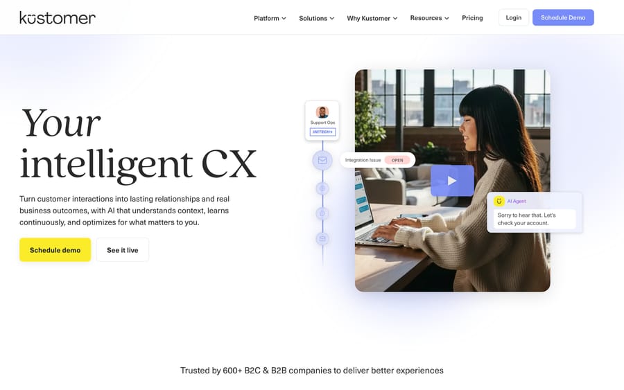 Kustomer's homepage, headlined "Your intelligent CX," showing an AI Agent chat bubble responding inline.