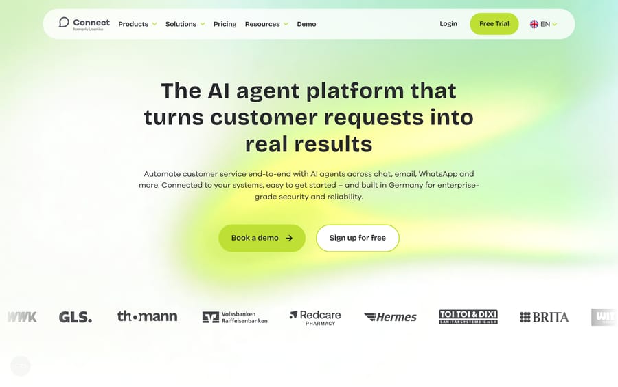 Lime Connect's homepage, labeled "formerly Userlike" under the logo, describing itself as an AI agent platform.