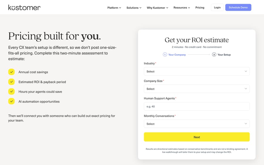 Kustomer's pricing page, headlined "Pricing built for you," with a two-minute ROI-estimate form.