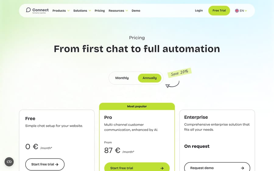 Lime Connect's pricing page, showing the Free (€0), Pro (from €87/month annual), and custom Enterprise tiers.