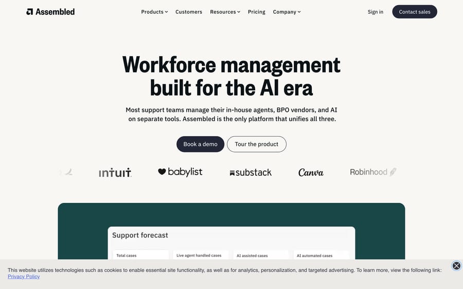 Assembled homepage positioned as "workforce management built for the AI era."