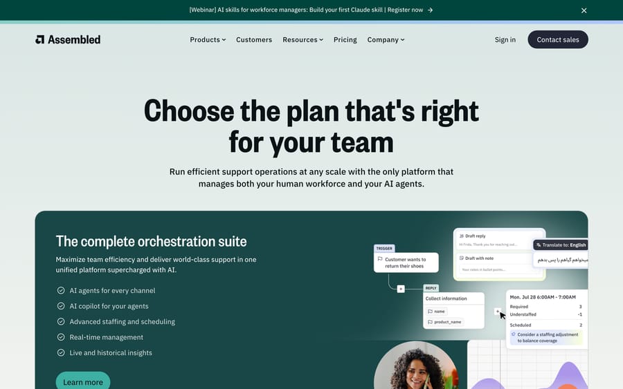 Assembled pricing page listing AI Agents, AI Copilot, and staffing/scheduling modules.