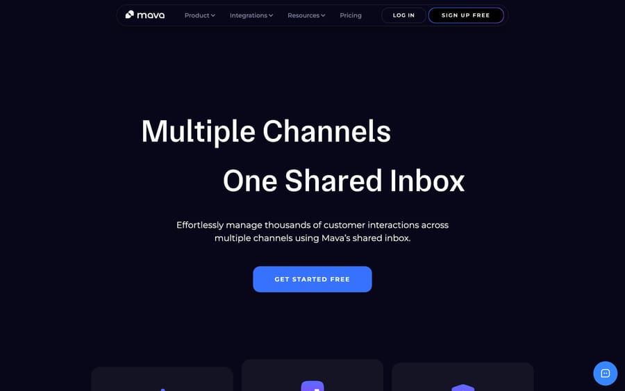 Mava's shared inbox product page: "effortlessly manage thousands of customer interactions" from one inbox.