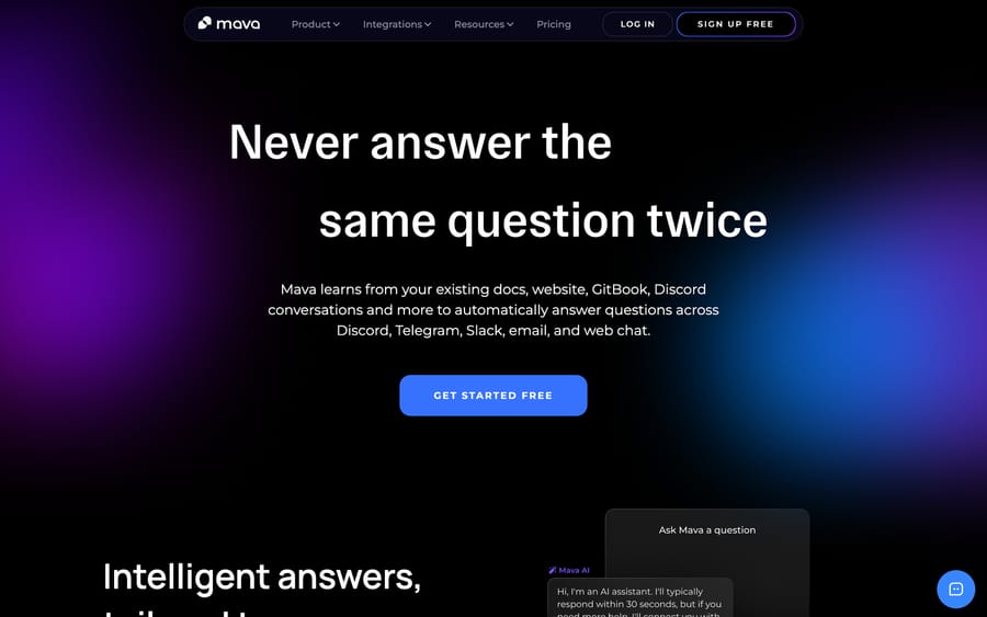 Mava's AI product page, headlined "Never answer the same question twice," describing an agent trained on docs and Discord.