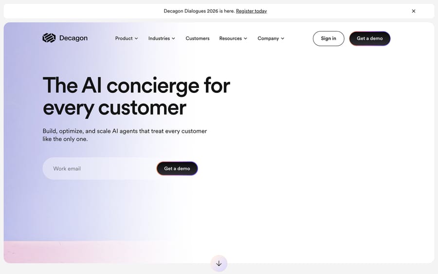 Decagon's homepage, headlined "The AI concierge for every customer," with a work-email field and a Get a demo button.