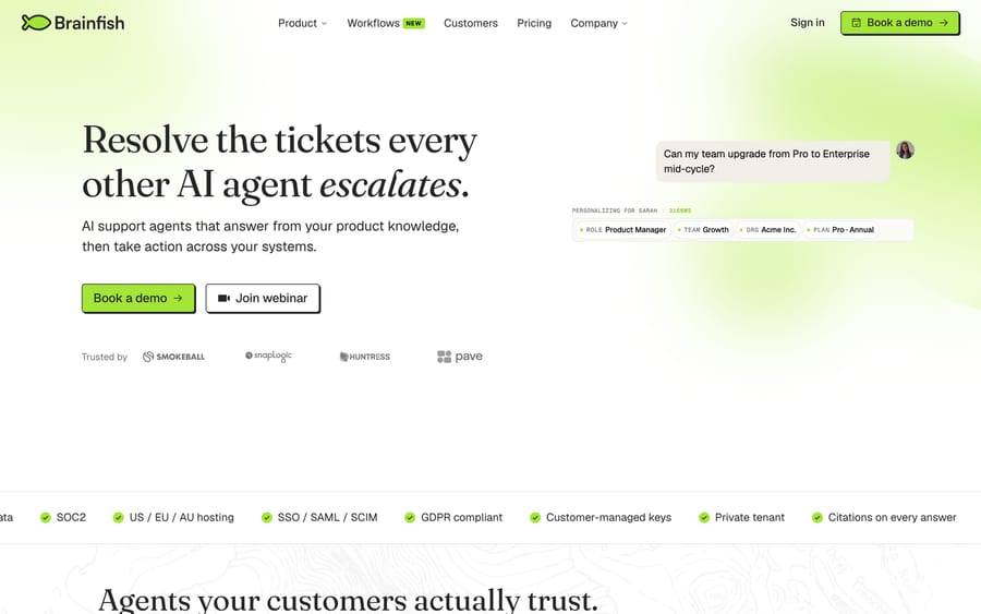 Brainfish's homepage: "Resolve the tickets every other AI agent escalates."