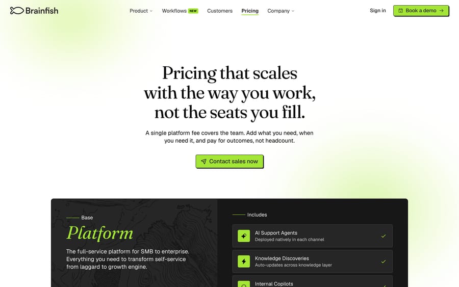 Brainfish's pricing page: a Platform tier description and a "Contact sales now" button, no price shown.