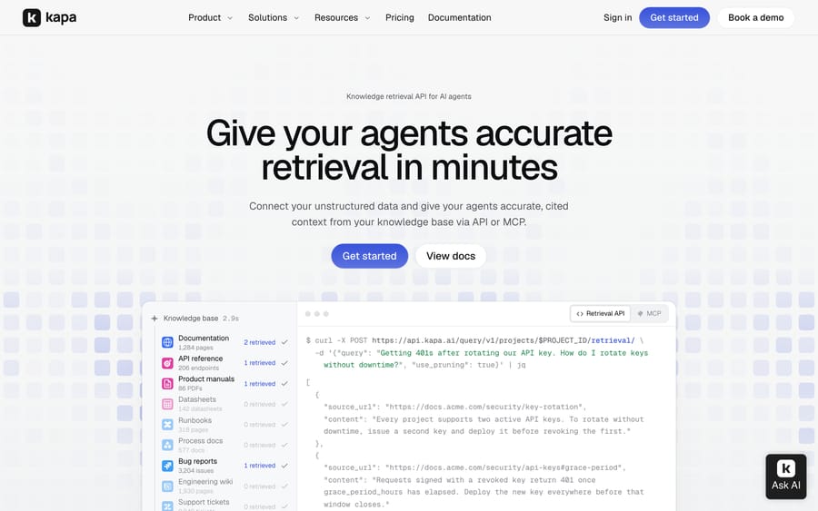 Kapa AI's homepage: "Give your agents accurate retrieval in minutes," with a live retrieval API query.