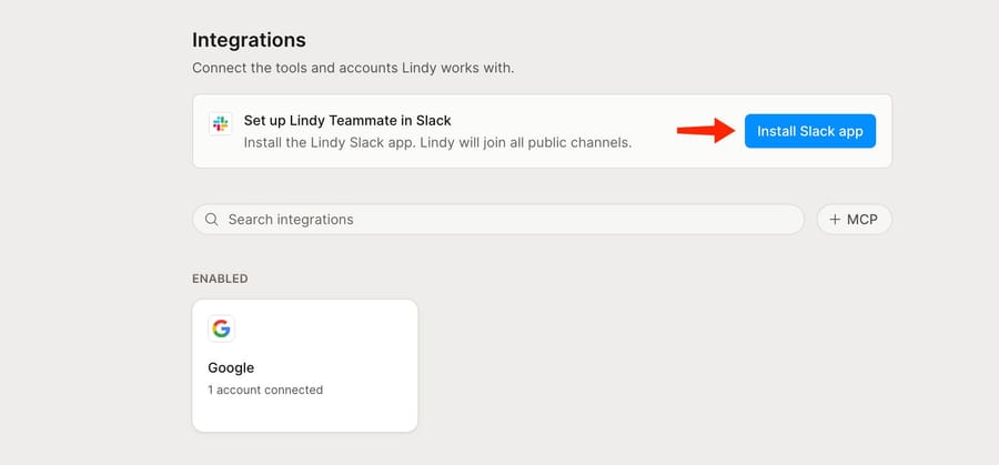 Lindy's Integrations screen from its docs, with "Set up Lindy Teammate in Slack" and an Install Slack app button at the top