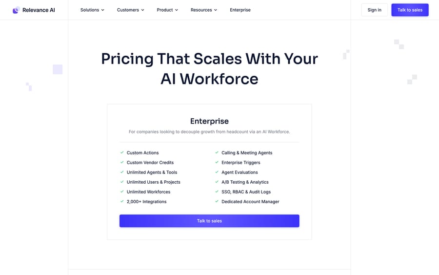 Relevance AI's pricing page headed "Pricing That Scales With Your AI Workforce