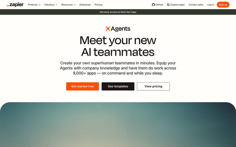 Zapier Agents landing page: "Meet your new AI teammates," with Get started free, See templates and View pricing buttons.