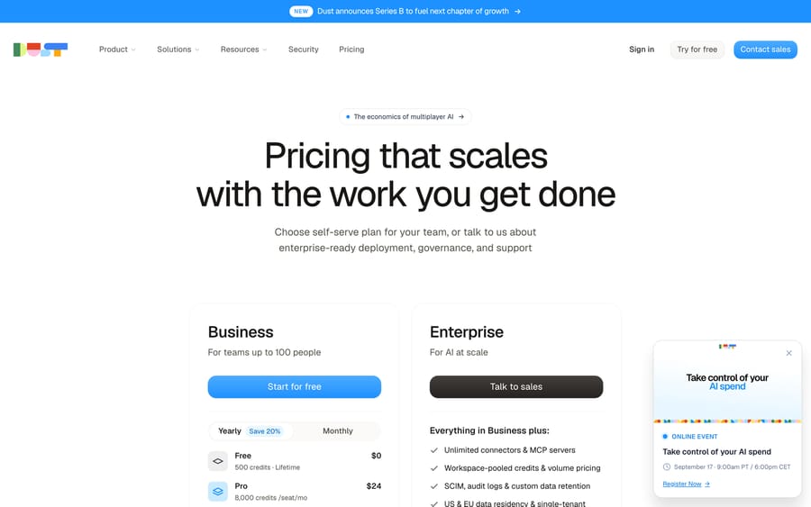 Dust's pricing page showing a Business plan with a Free tier at $0 for 500 lifetime credits and Pro at $24 per seat per