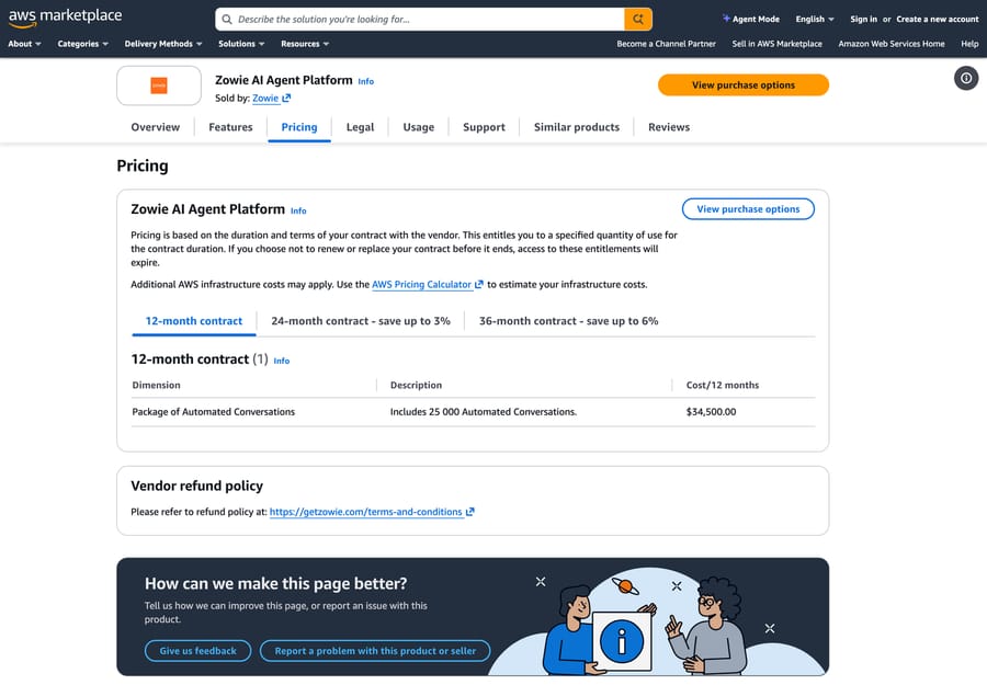 Zowie's AWS Marketplace pricing tab: a 12-month contract for a Package of Automated Conversations, including 25