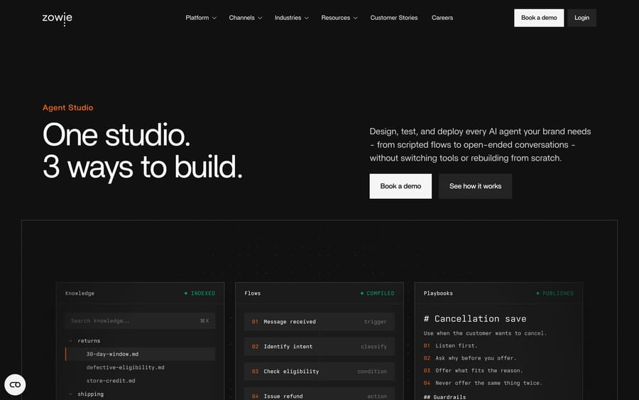 Zowie's Agent Studio page, "One studio. 3 ways to build," showing three panels: a Knowledge file tree with returns policies