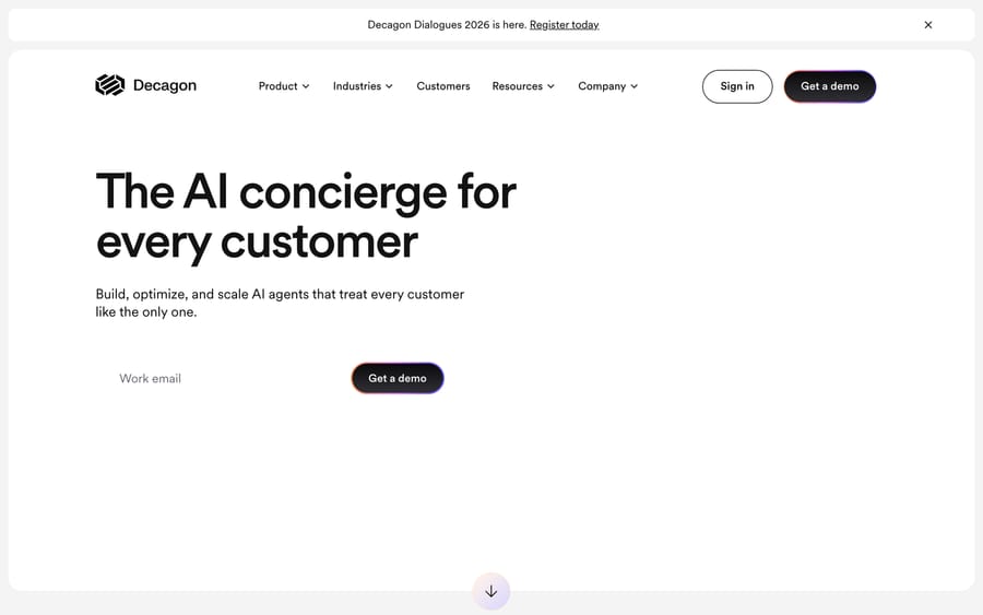 Decagon's homepage: "The AI concierge for every customer"