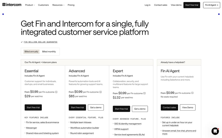 Intercom's pricing page: Essential $29, Advanced $85 and Expert $132 per seat per month, each including Fin AI Agent from $0