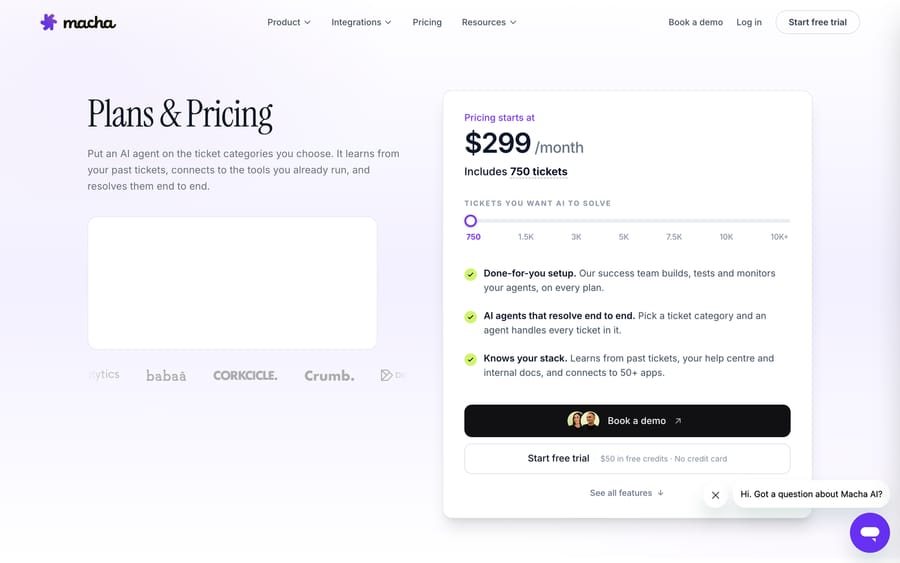 Macha's pricing page: a slider for the tickets you want AI to solve, starting at $299 a month for 750 tickets