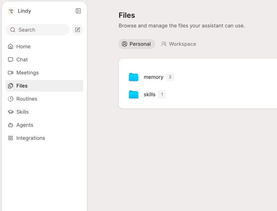 Lindy's Files screen from its docs: a left sidebar with Home, Chat, Meetings, Files, Routines, Skills