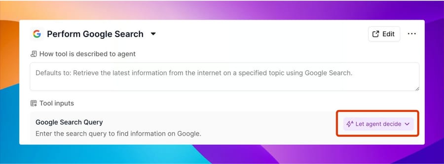 Relevance AI tool configuration panel showing the How tool is described to agent box and a Google Search Query input set to