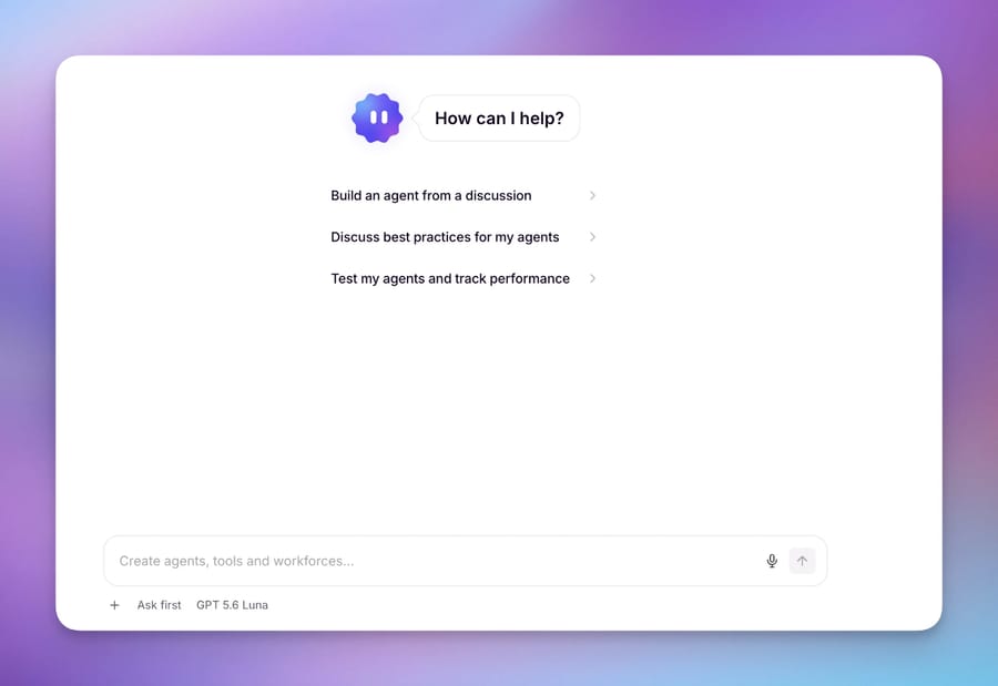 Relevance AI Invent start screen offering Build an agent from a discussion