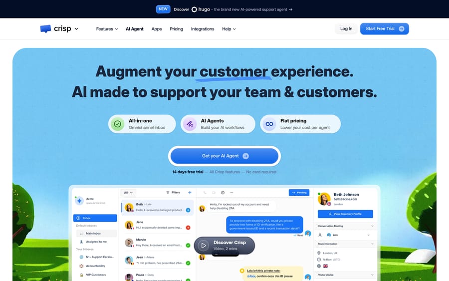 Crisp's homepage, showing an inbox with AI copilot suggestions and the pitch "Augment your customer experience."