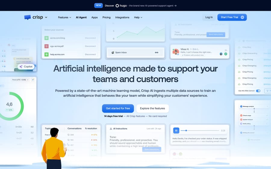 Crisp's AI Agent product page, showing a training-sources panel and a live conversation with an AI-drafted reply.