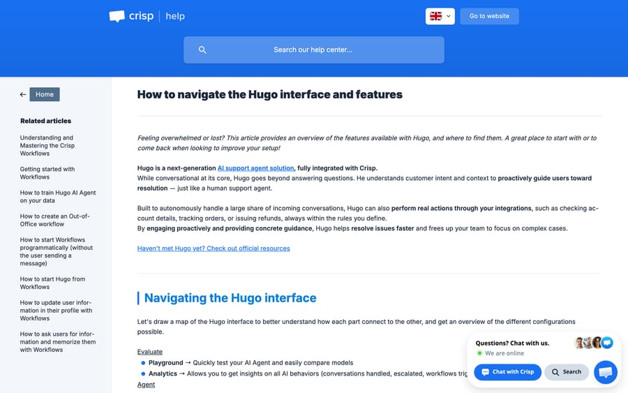 Crisp's help center article on navigating the Hugo interface and features.