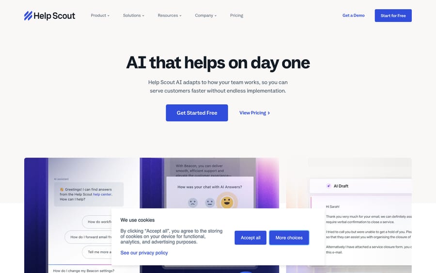Help Scout's AI features page, showing an AI assistant panel and an AI-drafted reply inside the inbox.