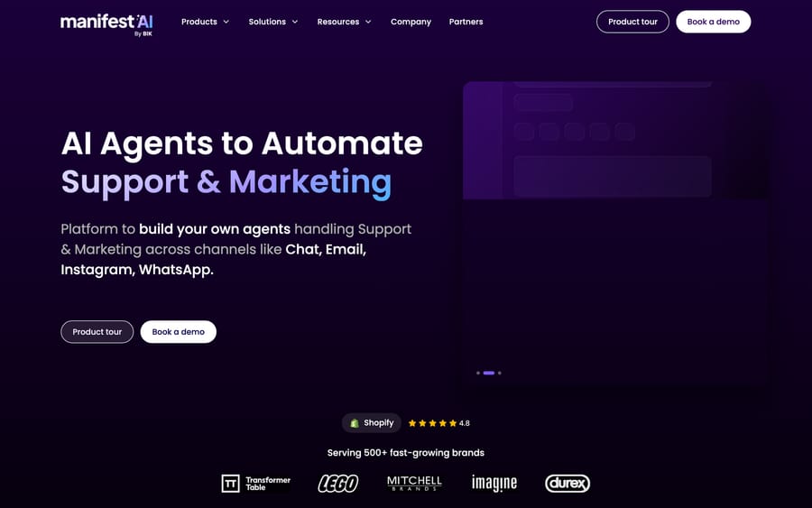 Manifest AI's homepage at getmanifest.ai, branded Manifest AI by BIK, pitching AI agents for support and marketing.