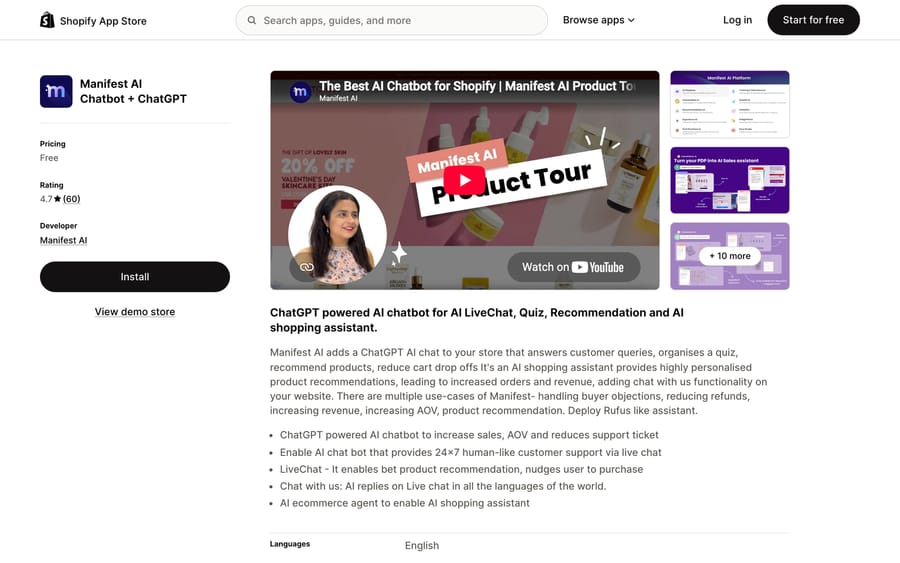 Manifest AI's Shopify App Store listing, showing a 4.7-star rating from 60 reviews and a Free pricing tier.