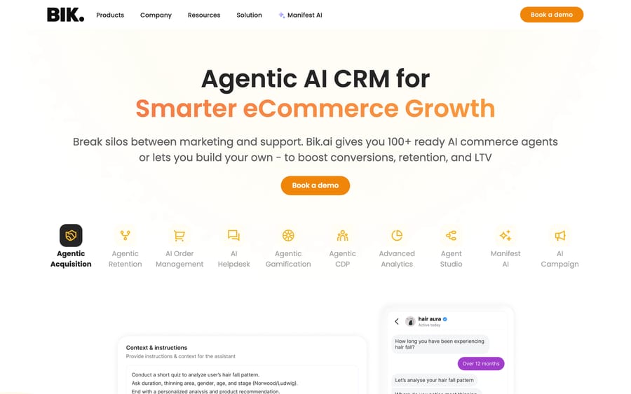 The BIK homepage, listing Manifest AI among roughly ten agent products under its Agentic AI CRM umbrella.