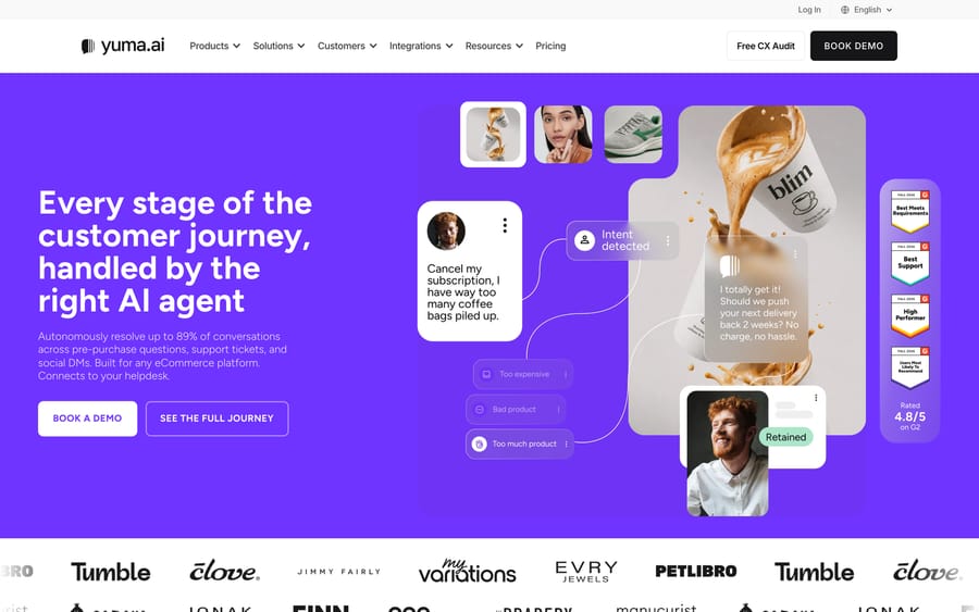 Yuma AI's homepage, citing a 4.8/5 G2 rating and an 89% autonomous resolution claim.