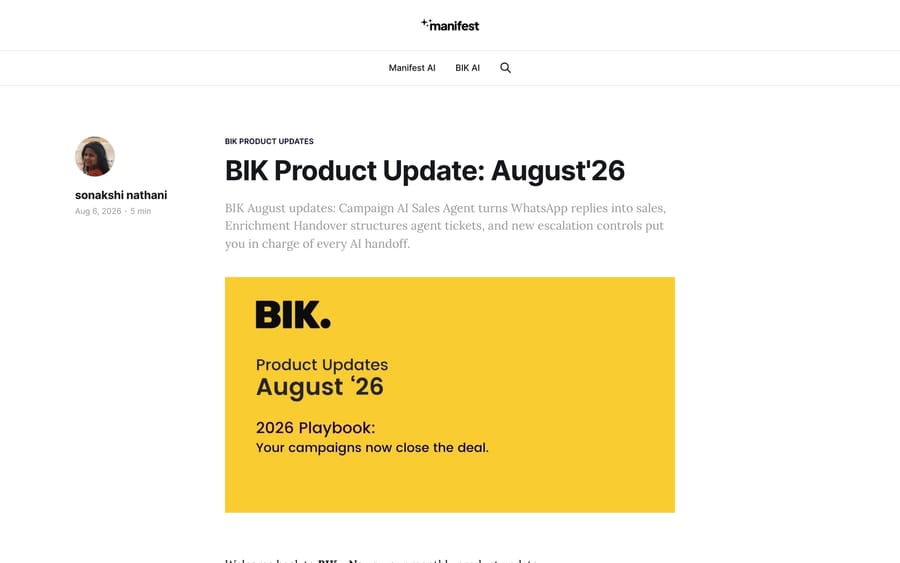 The Manifest AI blog at blog.getmanifest.ai, showing separate Manifest AI and BIK AI navigation tabs.