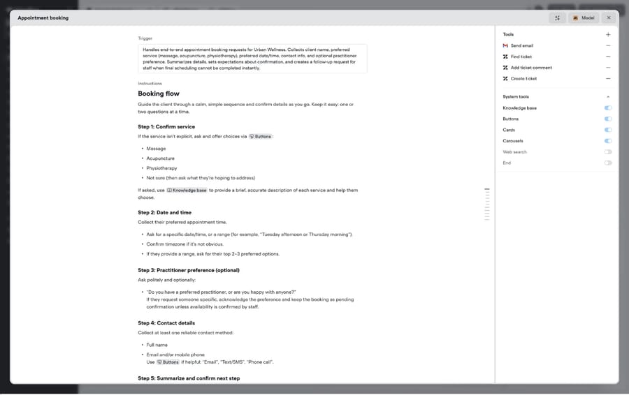 Voiceflow playbook editor for an appointment booking playbook, with the trigger description at the top