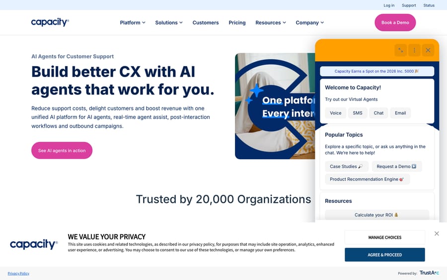 Capacity's homepage, headlined "Build better CX with AI agents that work for you."