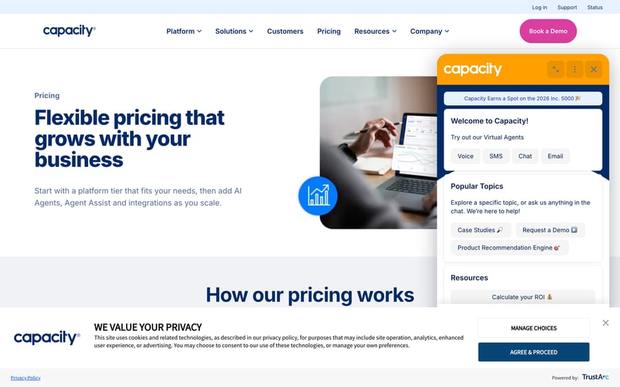 Capacity's pricing page, describing platform tiers plus usage-based add-ons with no price shown.