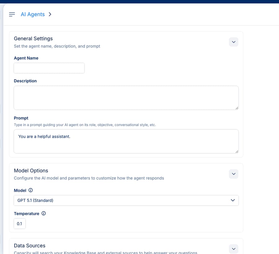 Capacity's AI Agent builder settings, showing General Settings and Model Options form fields.