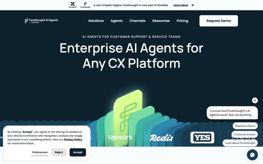 Forethought's homepage, now branded "Forethought AI Agents by Zendesk" after its acquisition.