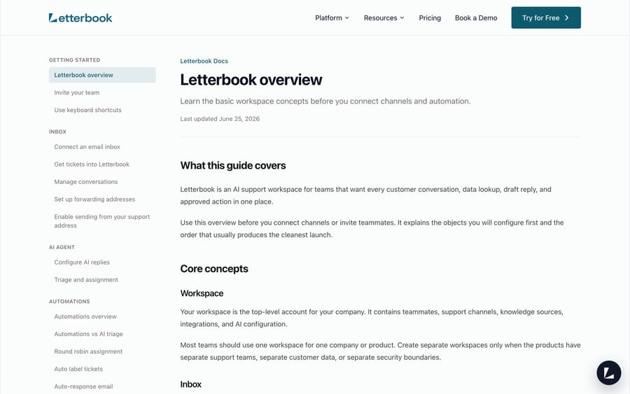 Letterbook's "Letterbook overview" doc, explaining core workspace concepts before connecting channels.