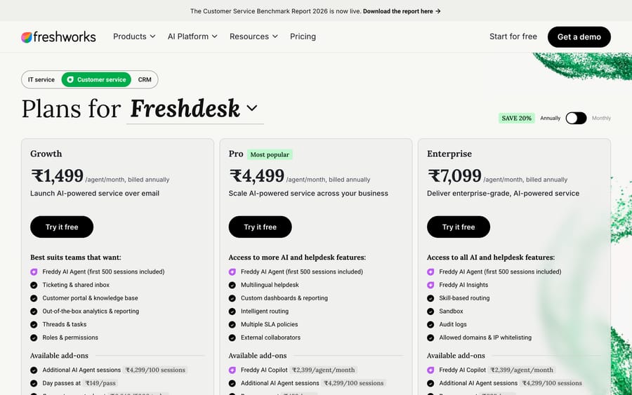Freshdesk's pricing page, showing Growth, Pro, and Enterprise tiers each including a Freddy AI Agent allowance.