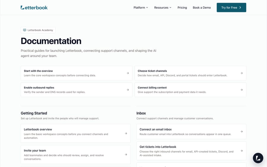 Letterbook's documentation homepage, listing setup guides like "Choose ticket channels" and "Connect billing context."