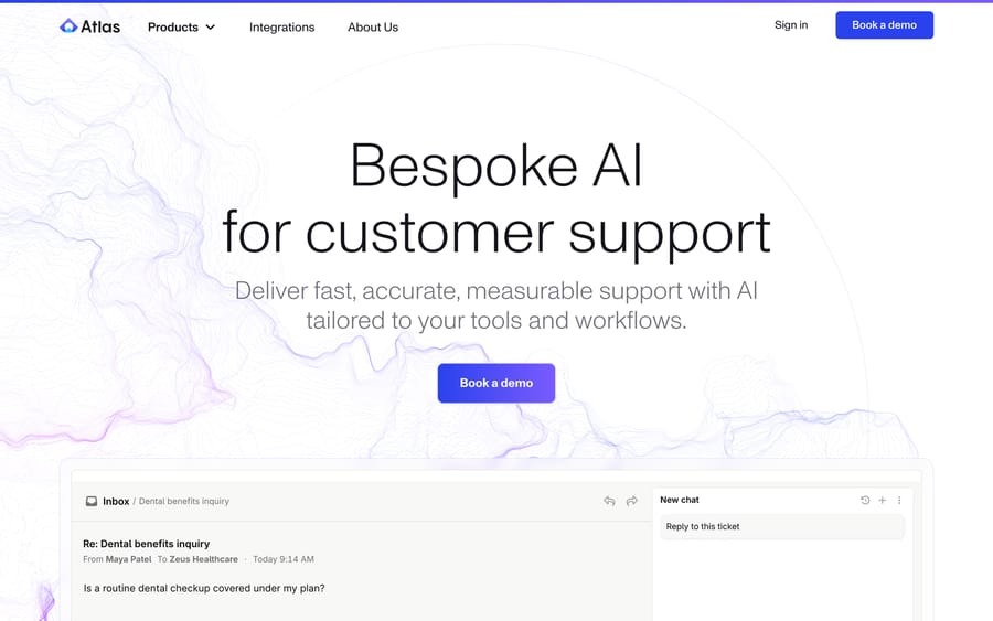Atlas's homepage: "Bespoke AI for customer support," showing a support inbox and new-chat panel.