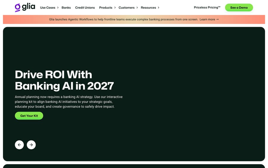 Glia's homepage, showing its "Priceless Pricing" nav link and a banner promoting its new Agentic Workflows feature.