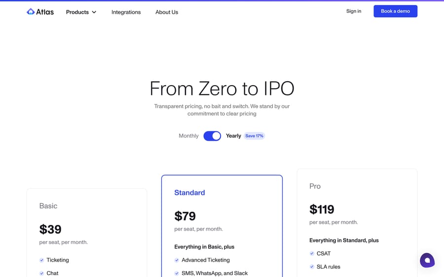 Atlas's pricing page: Basic ($39/seat/mo), Standard ($79), and Pro ($119), yearly-billing toggle.