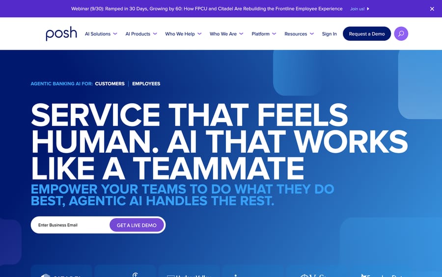 Posh AI's homepage, "Service That Feels Human. AI That Works Like a Teammate," with bank and credit union logos.