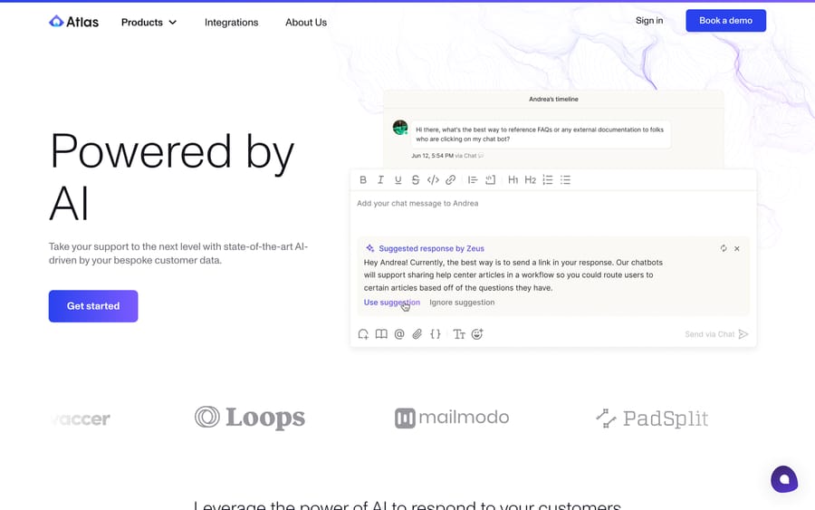 Atlas's "Powered by AI" page: a chat thread with a "Suggested response by Zeus" AI draft.