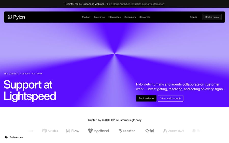 Pylon's homepage, "The Agentic Support Platform," citing 1,500+ B2B customers globally.